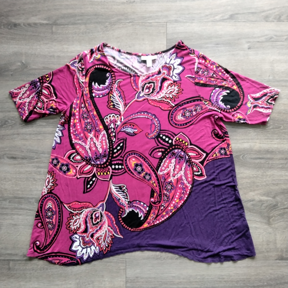 Dana Buchman Floral Paisley Mandala Print Short Sleeve Pink Top Plus Size XXL
